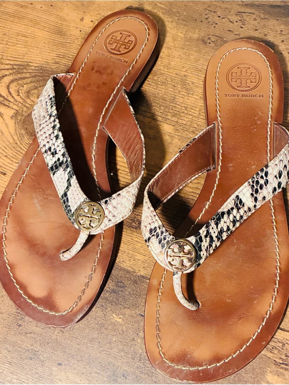 Tory Burch Tan Leather Thong Sandals with Snake-Print Straps & Gold Logo